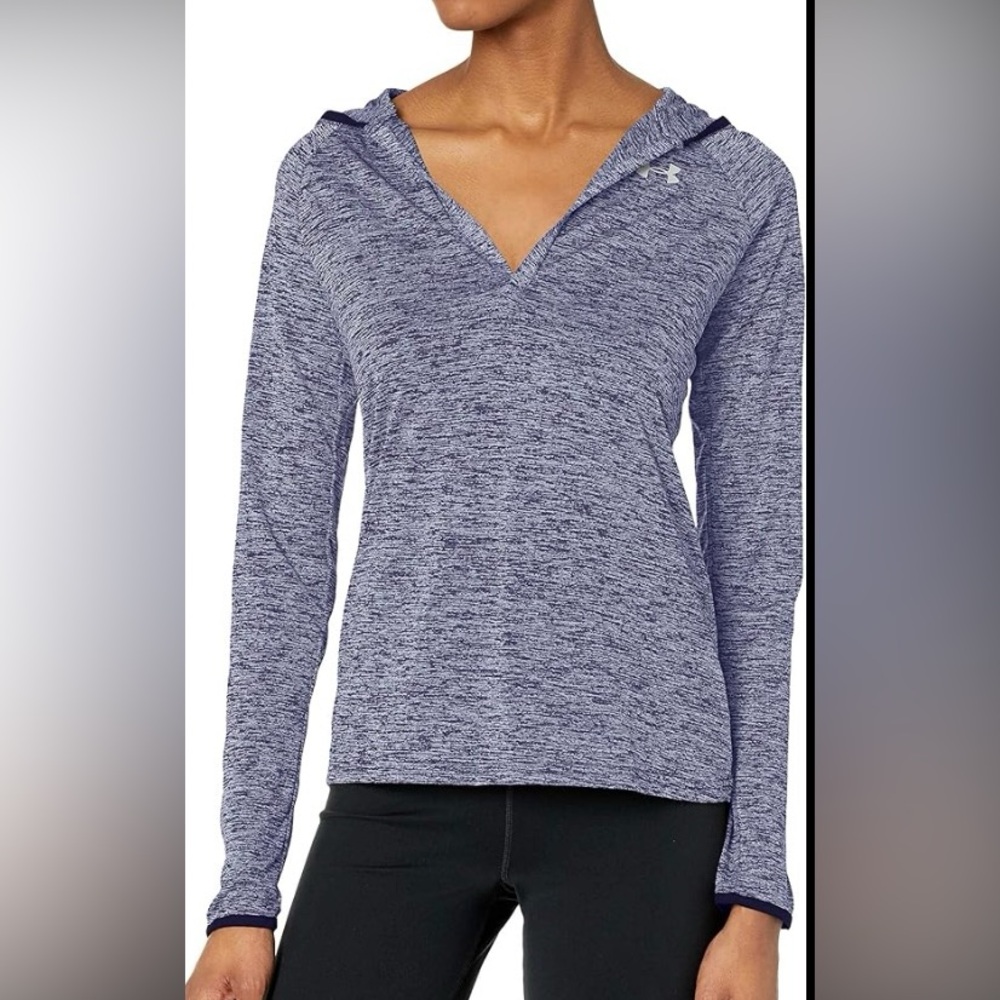 Under Armor Women’s Long Sleeve Hooded V Neck Blue Heather Athlesure Top Size M